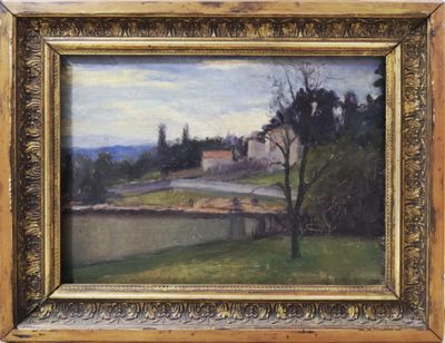 an image of a painting of a landscape with a house in the distance