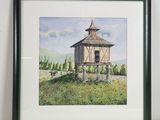 a picture of a painting of a small building in a field