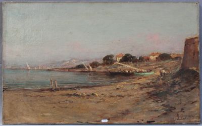 an image of a painting of a beach scene with a boat in the water