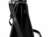 a black purse with a chain hanging from the handle