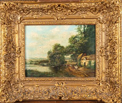 une peinture à l'huile représentant une scène de campagne avec une rivière et une maison