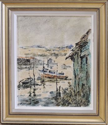 une image représentant un tableau montrant des bateaux sur l'eau près d'un bâtiment