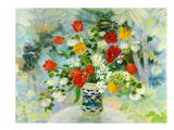 a painting of flowers in a vase on a table
