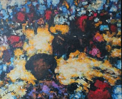 une peinture représentant un bouquet de fleurs dans un vase