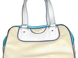 an image of a white and blue handbag on a white background