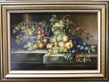 une peinture représentant une nature morte avec des fruits sur une table