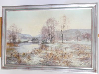 painting of a snowy landscape with trees and a river in the foreground