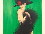 une image représentant un tableau d'une femme portant un chapeau noir et une robe à plumes