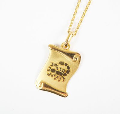 an image of a gold necklace with a scroll and paw prints