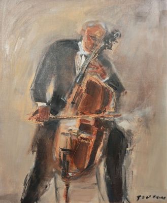 une peinture à l'huile représentant un homme jouant du violoncelle, assis sur une chaise