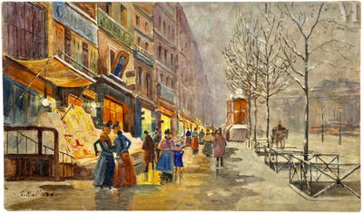tableau représentant une scène de rue en ville avec des passants marchant sur le trottoir