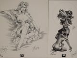 deux dessins représentant une femme assise sur une planche de surf et un homme assis sur une planche de surf