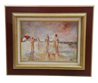 painting of three people on the beach with a red umbrella