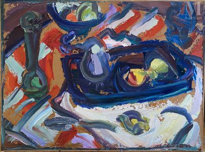 un tableau représentant un plateau de fruits posé sur une table