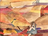 a painting of a woman sitting on the ground