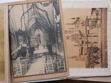 several old photographs of people in a church are on a table