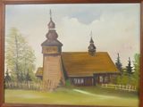 painting of an old wooden church with a steeple on the roof