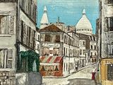 a painting of a street scene with buildings in the background