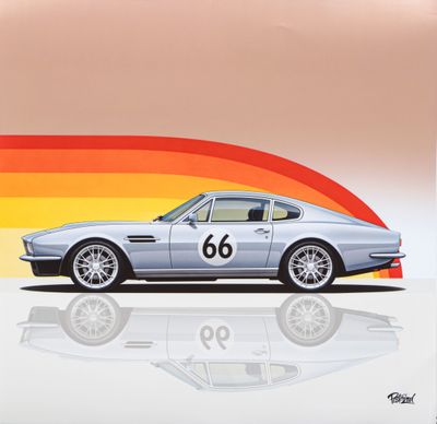 an illustration of a silver sports car with a rainbow background