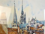 a painting of a view of a city from a window