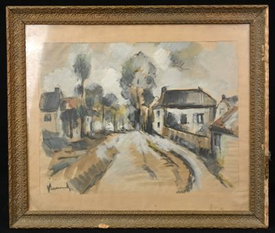 une image représentant une peinture d'une rue avec des maisons et des arbres