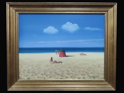 a picture of a painting of a beach scene