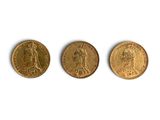 three gold coins are shown in a row on a white surface