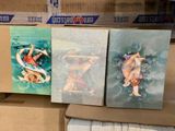 three paintings on display in a store window