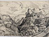 an image of a drawing of a mountain scene with a river