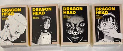 Trois livres de la série « Dragon Head » sont alignés sur une étagère