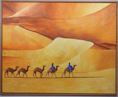 un tableau représentant un groupe de personnes chevauchant des chameaux dans le désert