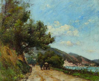 une peinture représentant une calèche tirée par des chevaux sur un chemin de terre