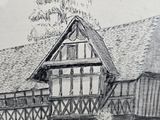 a drawing of a building with a horse standing in front of it