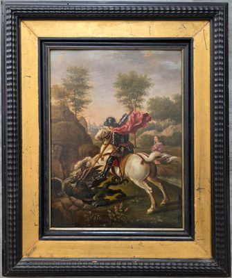 une peinture à l'huile représentant un homme à cheval accompagné d'un chien