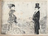 dessin représentant un homme et une femme se serrant la main dans une pièce