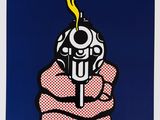 a painting of a hand holding a gun with yellow smoke coming out of it