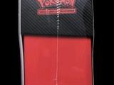 the back of a red pokemon trading card case with a black and red logo