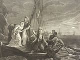 a drawing of a group of people in a boat on the water