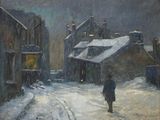 tableau représentant un homme marchant dans une rue enneigée d'une ville