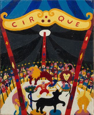 tableau représentant une scène de cirque avec un chat noir sur un manège de cirque