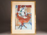 painting of a woman sitting in a chair with a cat on her lap