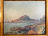 an oil painting of a rocky coast with a mountain in the distance