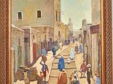 an oil painting of a street scene with people and a cow