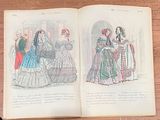 two pages of a book with drawings of women in dresses
