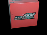 a red box with a logo on it on a black background