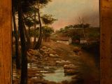 painting of a landscape with a river and trees in the foreground
