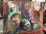 a painting of a group of people on a easel