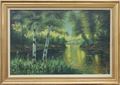 peinture à l'huile représentant un ruisseau dans une forêt de bouleaux