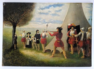 a painting of a man holding a sword in front of a group of people