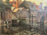 une peinture représentant un bateau dans l'eau, près d'un immeuble